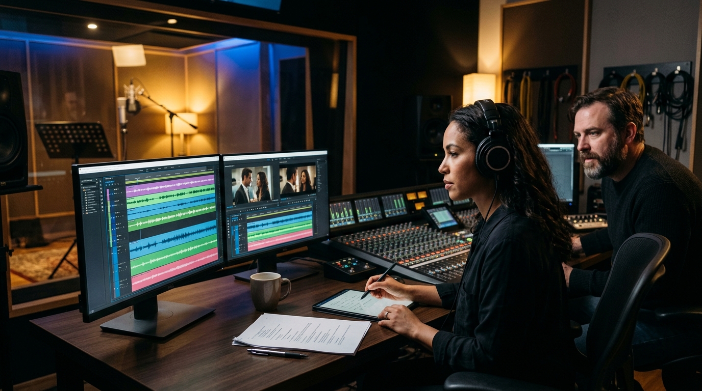 Language Core Media Localization Consultants and Studio Sound Directors reviewing multitrack production